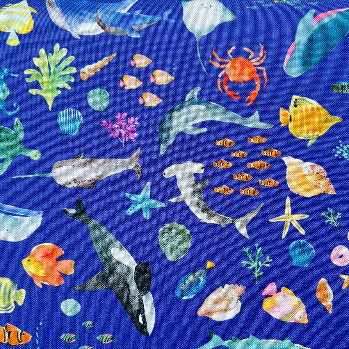 Colorful Sea Creatures on Royal Blue- ‘Under The Sea” Lewis & Irene Cotton Fabric- 44” Wide