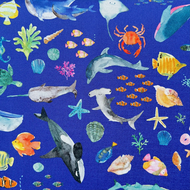 Colorful Sea Creatures on Royal Blue- ‘Under The Sea” Lewis & Irene Cotton Fabric- 44” Wide