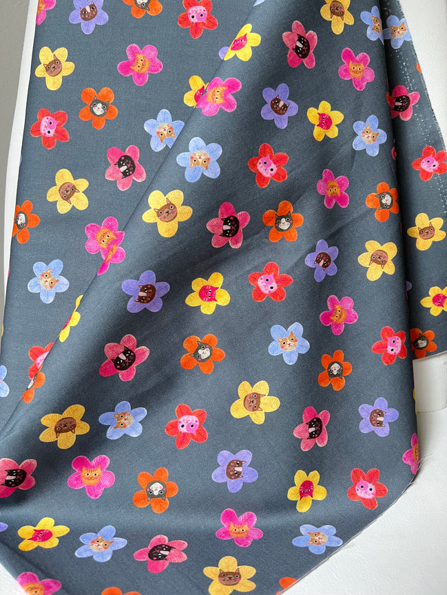 Colorful Cats and Flowers on Dark Gray- Whisker Wonderland- “Dolphin"- Cotton Fabric- 44” Wide