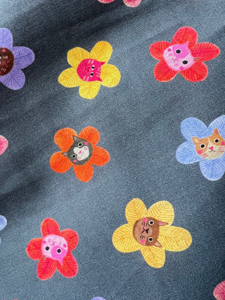Colorful Cats and Flowers on Dark Gray- Whisker Wonderland- “Dolphin"- Cotton Fabric- 44” Wide