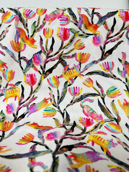 Colorful Rainbow Cats on Cream- Whisker Wonderland- "Cream"- Cotton Fabric- 44” Wide