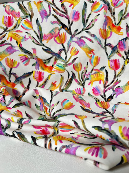 Colorful Rainbow Cats on Cream- Whisker Wonderland- "Cream"- Cotton Fabric- 44” Wide