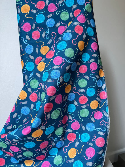 Mice, Colorful Yarn Balls on Blue- Whisker Wonderland- "Ocean"- Cotton Fabric- 44” Wide