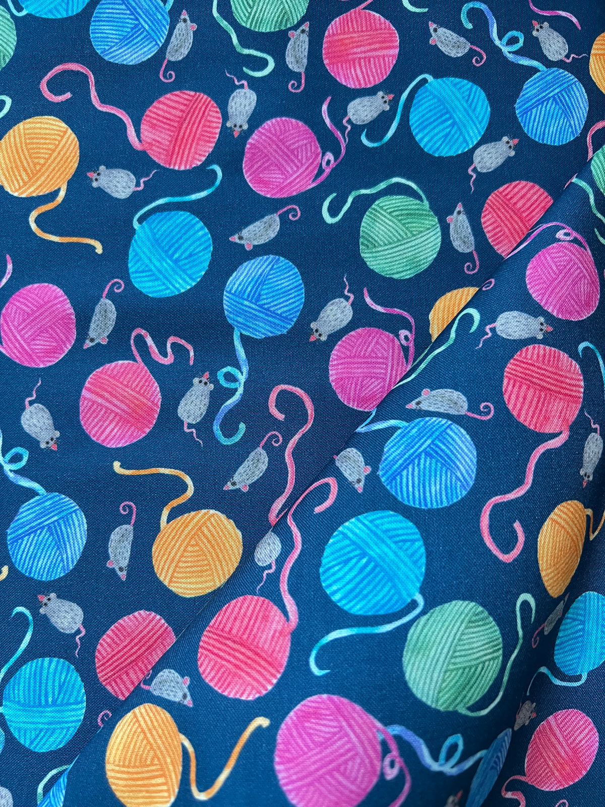 Mice, Colorful Yarn Balls on Blue- Whisker Wonderland- 