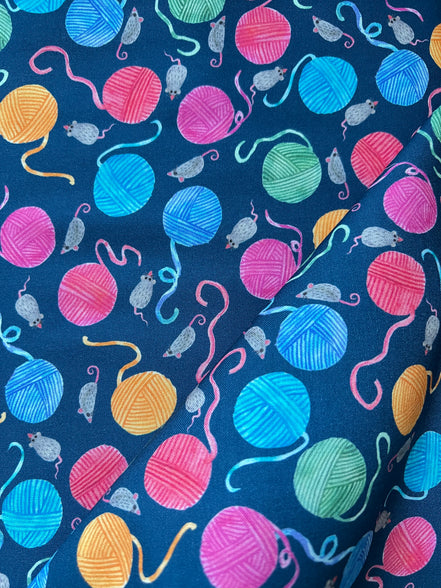 Mice, Colorful Yarn Balls on Blue- Whisker Wonderland- "Ocean"- Cotton Fabric- 44” Wide