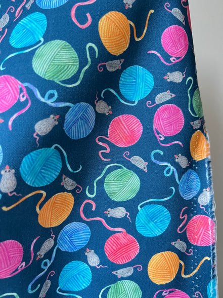 Mice, Colorful Yarn Balls on Blue- Whisker Wonderland- "Ocean"- Cotton Fabric- 44” Wide
