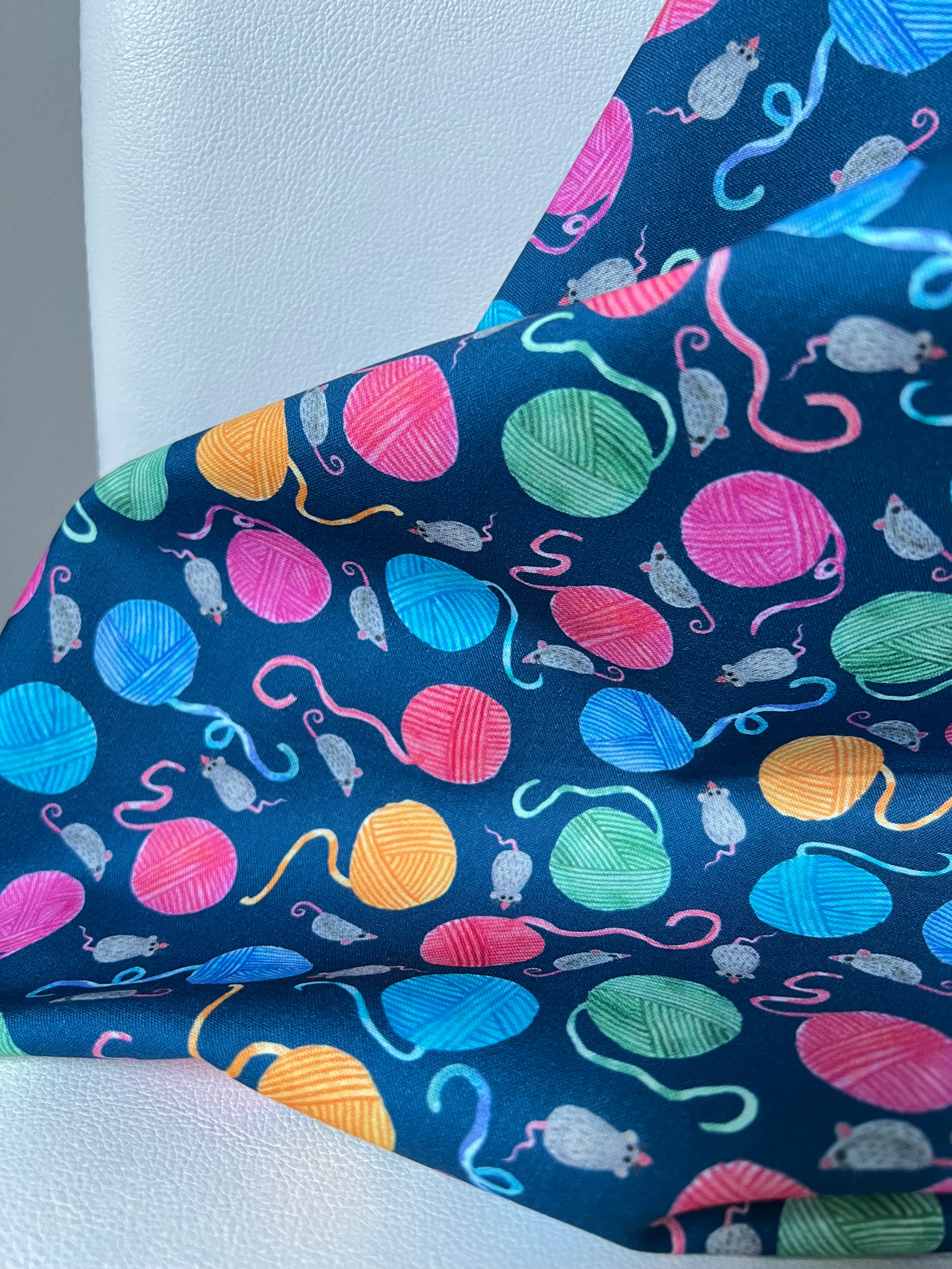 Mice, Colorful Yarn Balls on Blue- Whisker Wonderland- 