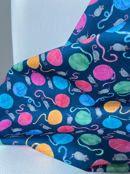 Mice, Colorful Yarn Balls on Blue- Whisker Wonderland- "Ocean"- Cotton Fabric- 44” Wide