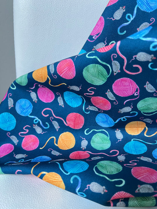 Mice, Colorful Yarn Balls on Blue- Whisker Wonderland- "Ocean"- Cotton Fabric- 44” Wide