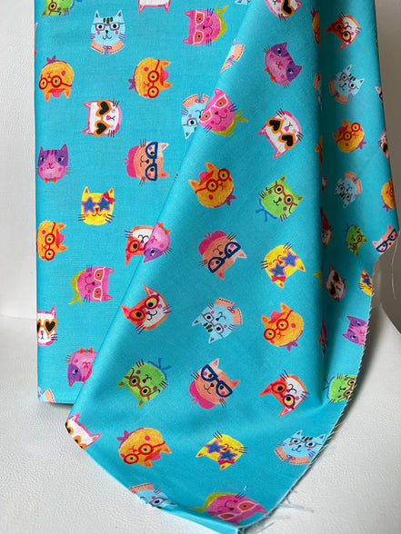 Colorful Cats on Turquoise Blue- Whisker Wonderland- "Pool"- Cotton Fabric- 44” Wide