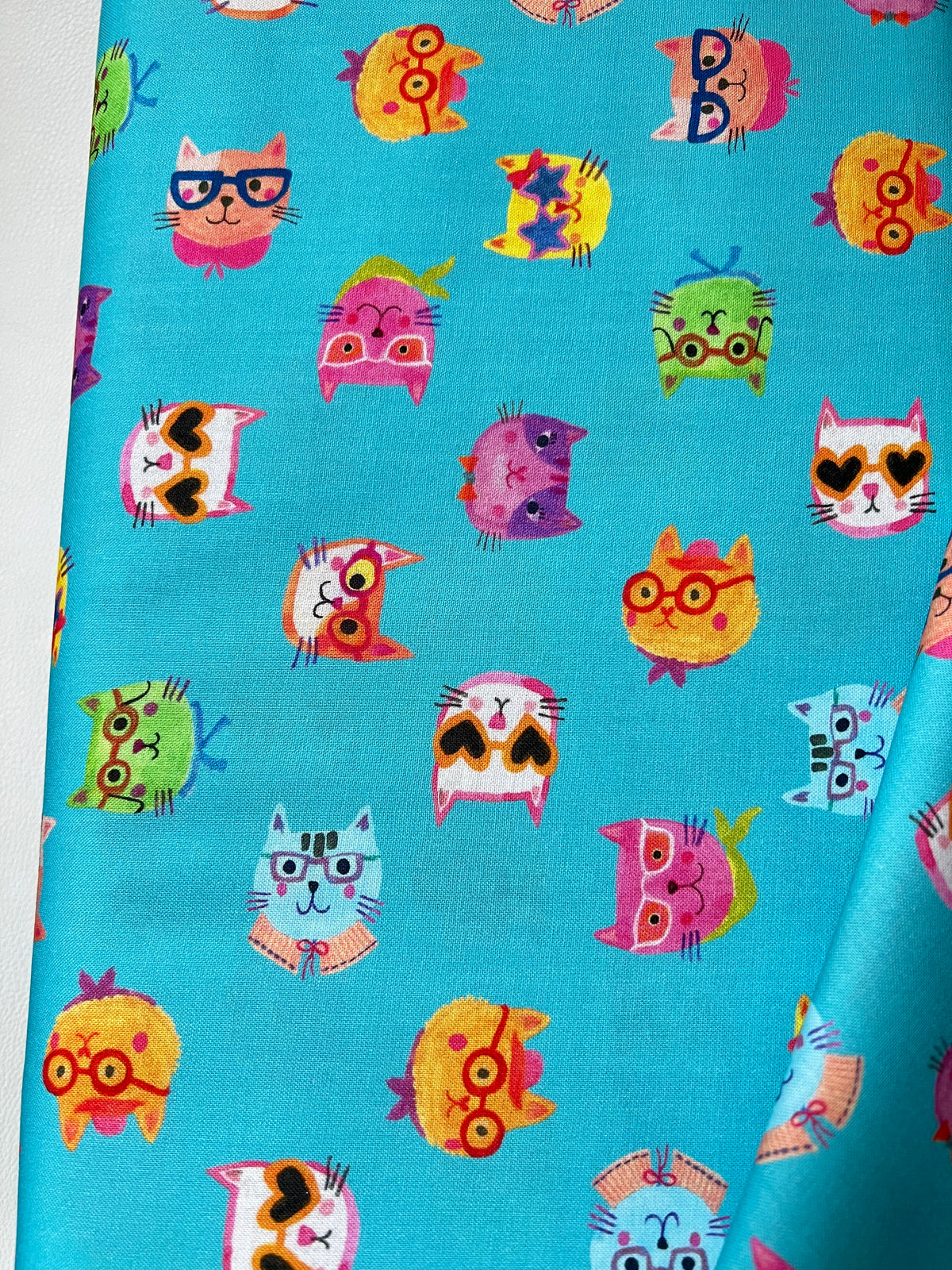 Colorful Cats on Turquoise Blue- Whisker Wonderland- 
