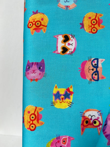 Colorful Cats on Turquoise Blue- Whisker Wonderland- "Pool"- Cotton Fabric- 44” Wide