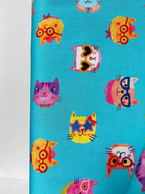 Colorful Cats on Turquoise Blue- Whisker Wonderland- "Pool"- Cotton Fabric- 44” Wide