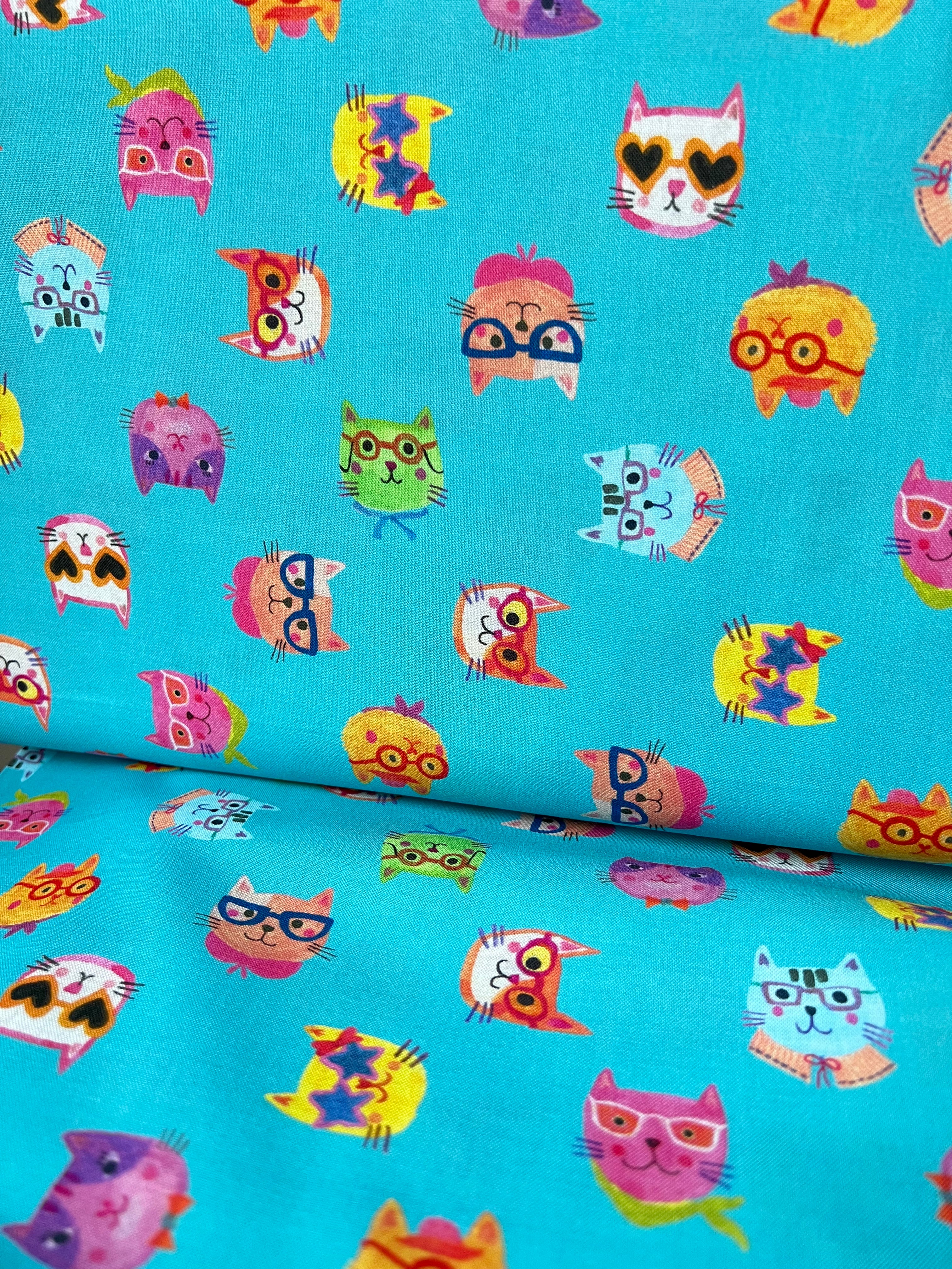 Colorful Cats on Turquoise Blue- Whisker Wonderland- 
