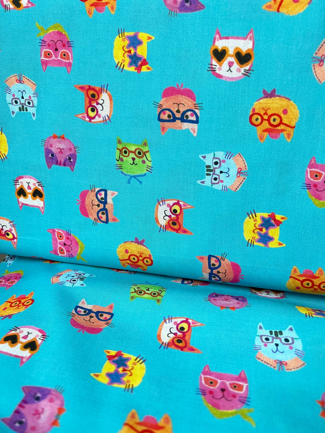 Colorful Cats on Turquoise Blue- Whisker Wonderland- "Pool"- Cotton Fabric- 44” Wide