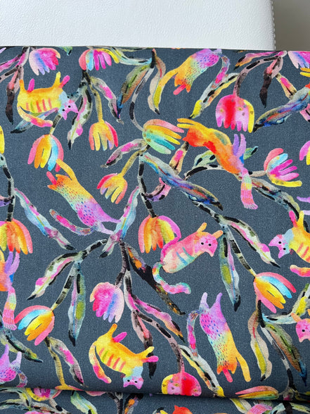 Colorful Rainbow Cats on Dark Gray- Whisker Wonderland- "Shadow"- Cotton Fabric- 44” Wide