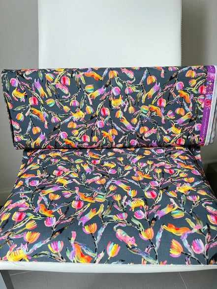 Colorful Rainbow Cats on Dark Gray- Whisker Wonderland- "Shadow"- Cotton Fabric- 44” Wide