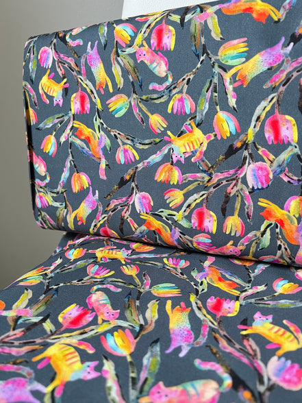 Colorful Rainbow Cats on Dark Gray- Whisker Wonderland- "Shadow"- Cotton Fabric- 44” Wide