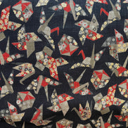 Red, Tan, Brown, Gold Metallic on Black- Cranes- Sevenberry Japanese Nara Homespun- Cotton Fabric- 42” Wide