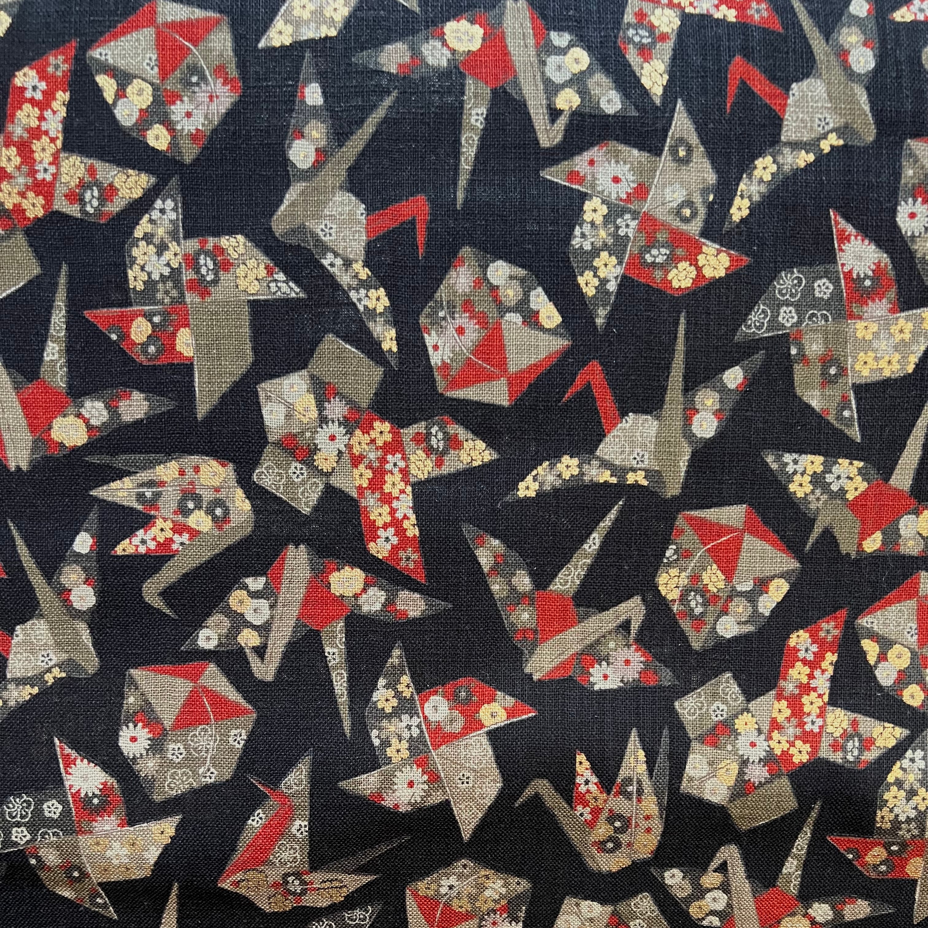 Red, Tan, Brown, Gold Metallic on Black- Cranes- Sevenberry Japanese Nara Homespun- Cotton Fabric- 42” Wide