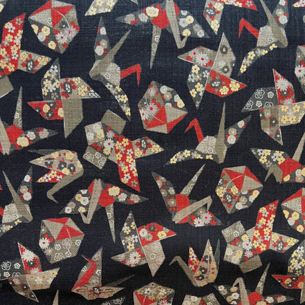 Red, Tan, Brown, Gold Metallic on Black- Cranes- Sevenberry Japanese Nara Homespun- Cotton Fabric- 42” Wide
