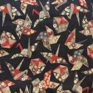 Red, Tan, Brown, Gold Metallic on Black- Cranes- Sevenberry Japanese Nara Homespun- Cotton Fabric- 42” Wide