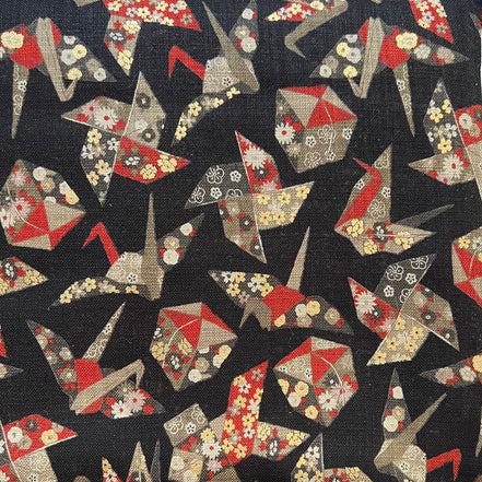 Red, Tan, Brown, Gold Metallic on Black- Cranes- Sevenberry Japanese Nara Homespun- Cotton Fabric- 42” Wide
