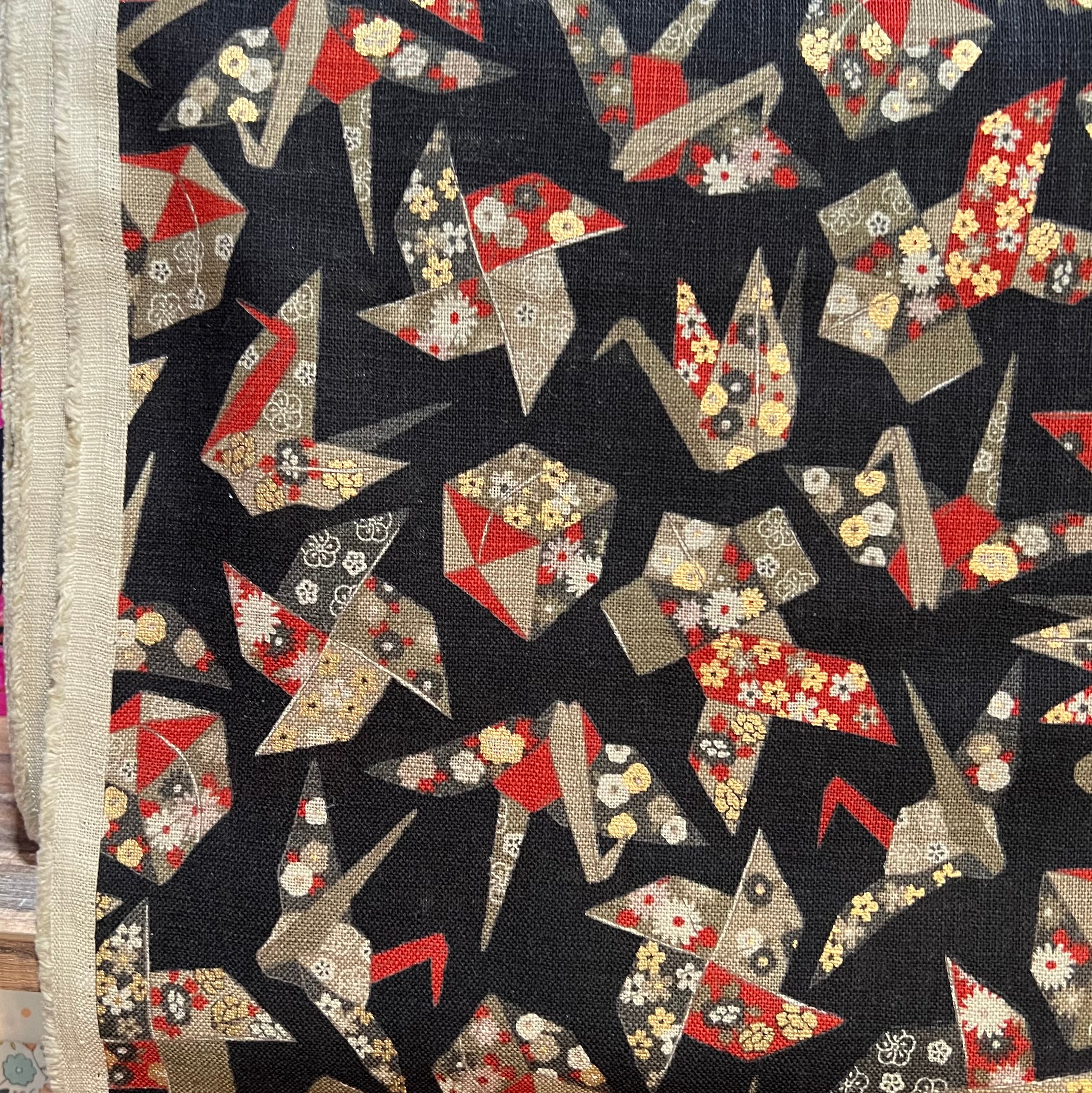 Red, Tan, Brown, Gold Metallic on Black- Cranes- Sevenberry Japanese Nara Homespun- Cotton Fabric- 42” Wide