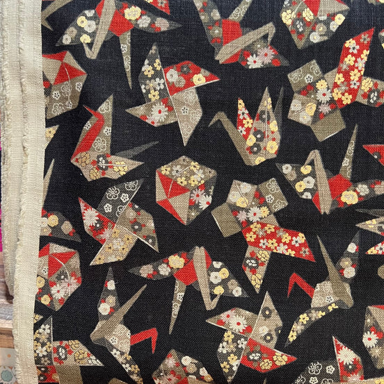 Red, Tan, Brown, Gold Metallic on Black- Cranes- Sevenberry Japanese Nara Homespun- Cotton Fabric- 42” Wide