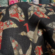 Red, Tan, Brown, Gold Metallic on Black- Cranes- Sevenberry Japanese Nara Homespun- Cotton Fabric- 42” Wide