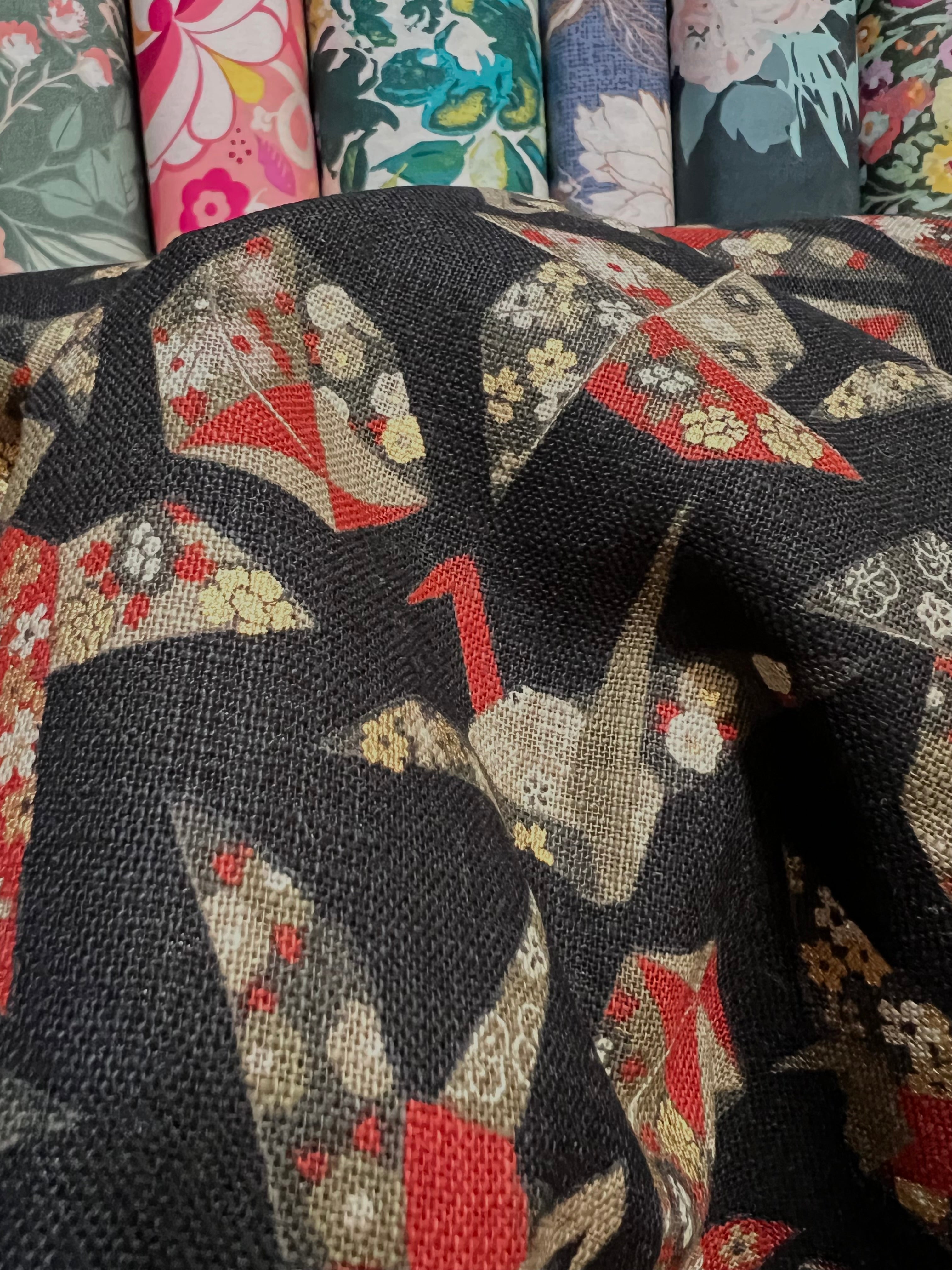 Red, Tan, Brown, Gold Metallic on Black- Cranes- Sevenberry Japanese Nara Homespun- Cotton Fabric- 42” Wide