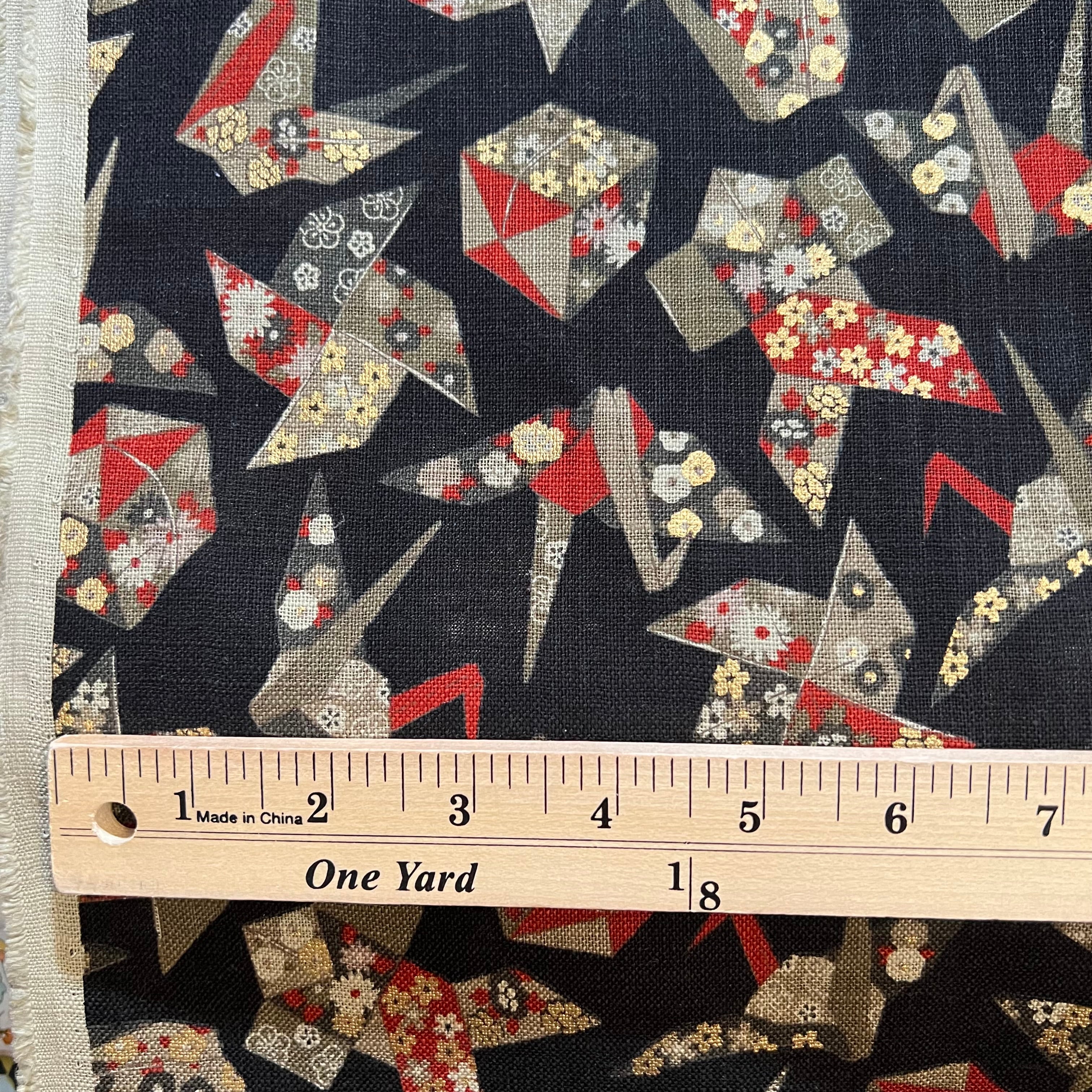 Red, Tan, Brown, Gold Metallic on Black- Cranes- Sevenberry Japanese Nara Homespun- Cotton Fabric- 42” Wide