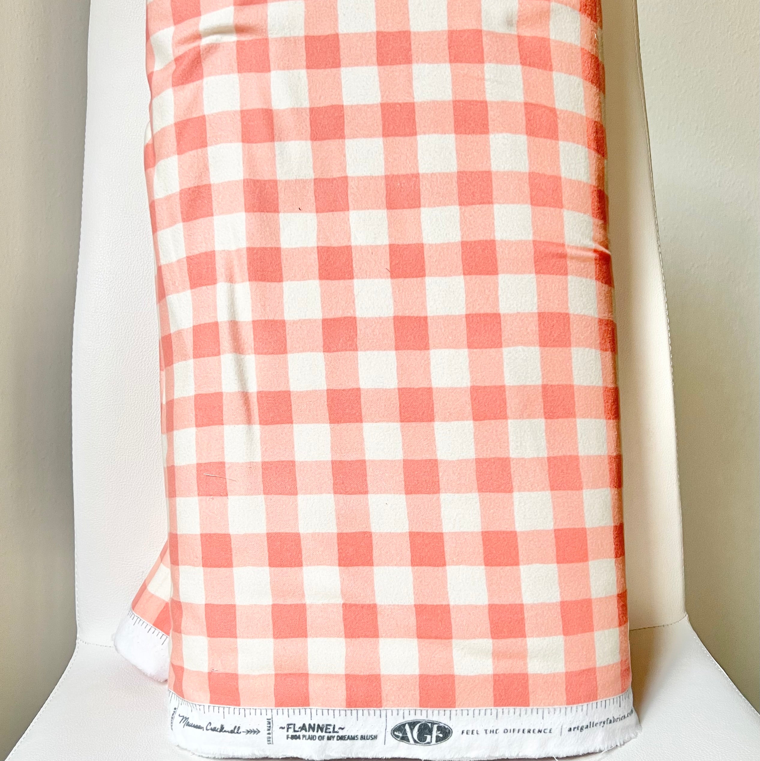 Peachy Pink and Off White Plaid Cotton Flannel- 
