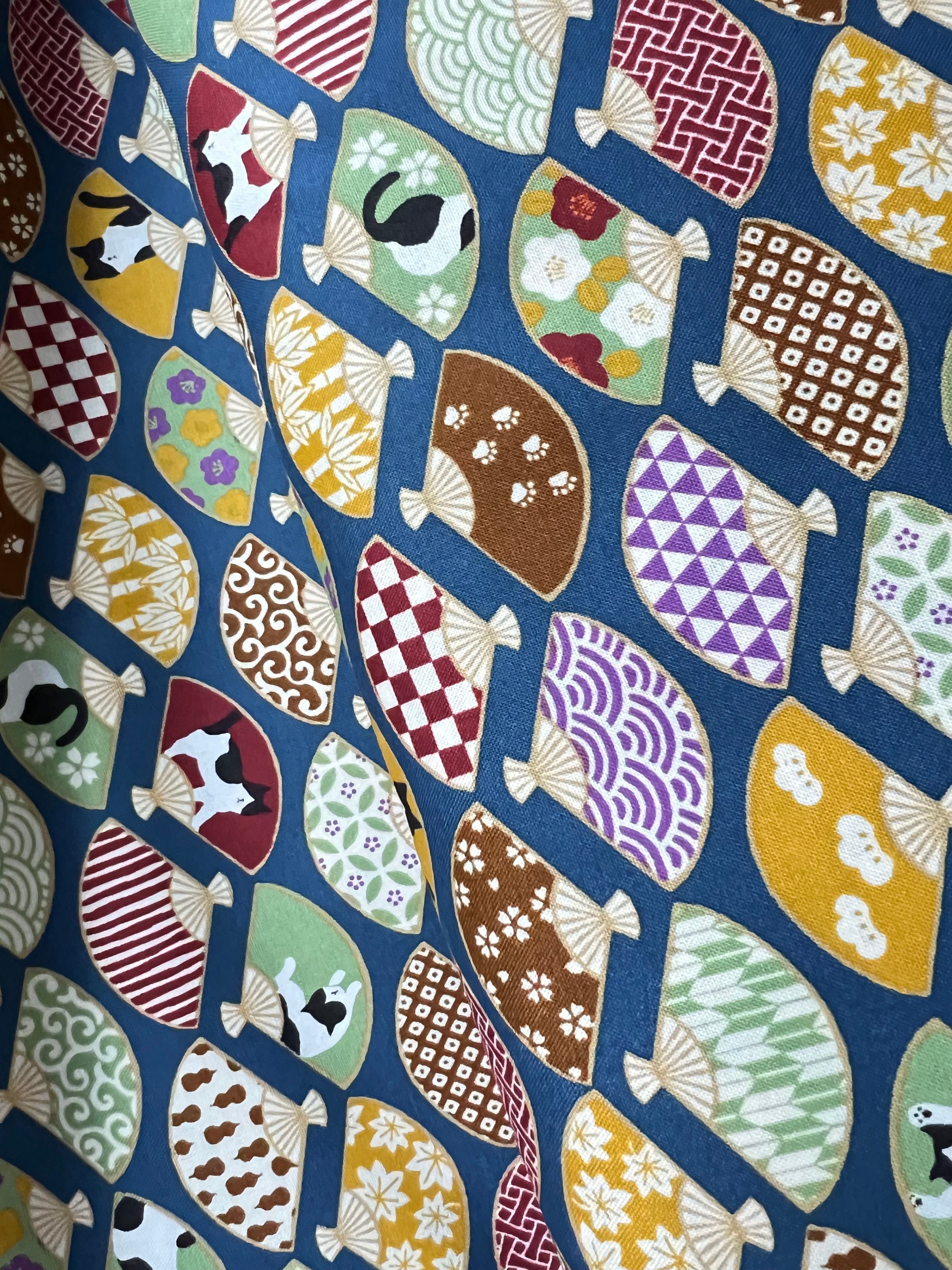 Black, White Cats, Fans on Dark Blue- Hachiware Romance- Cosmo- Japanese Printed Cotton Sheeting- AP45903 1B- 44