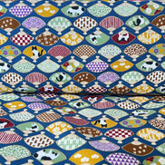 Black, White Cats, Fans on Dark Blue- Hachiware Romance- Cosmo- Japanese Printed Cotton Sheeting- AP45903 1B- 44