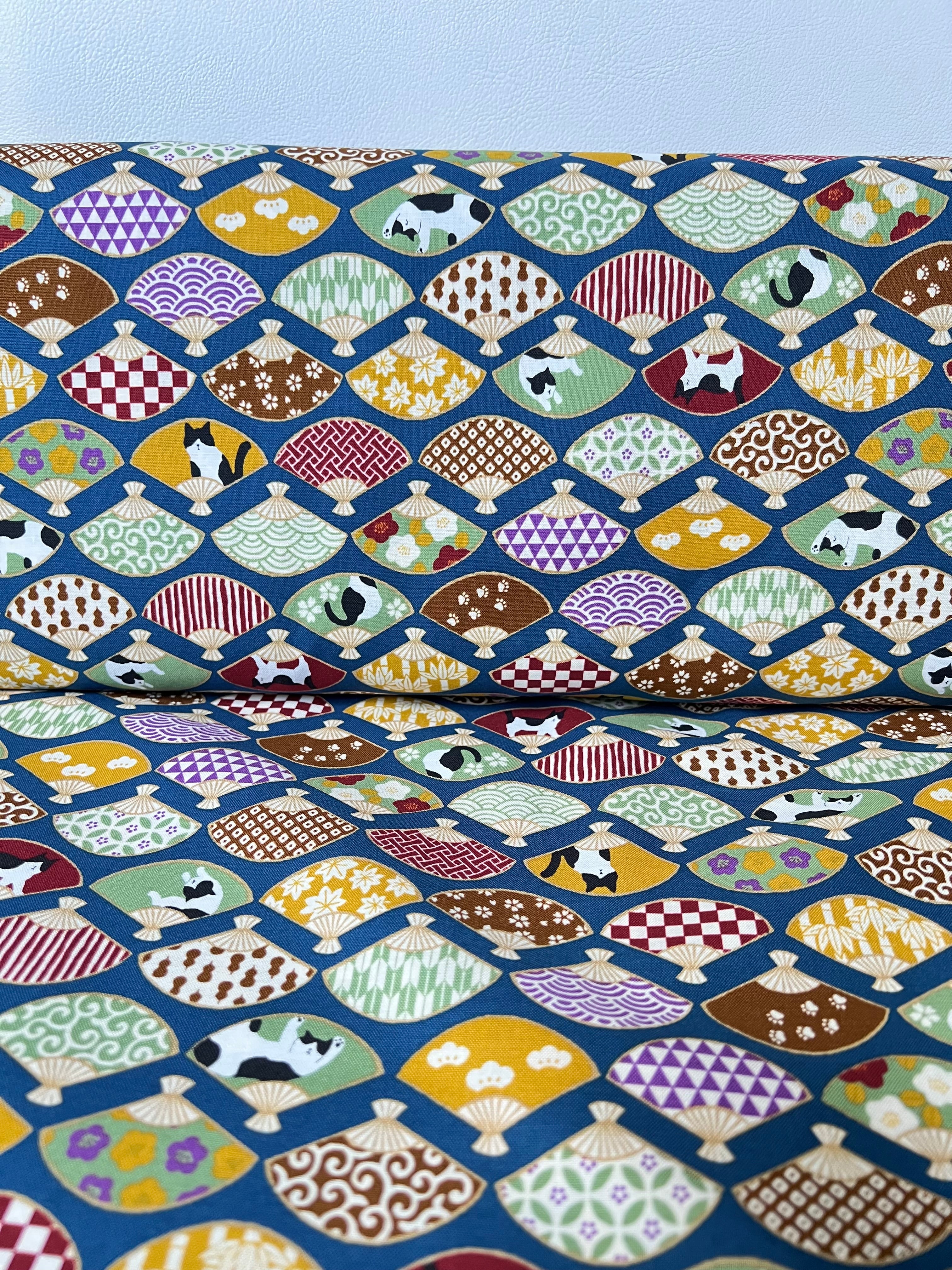 Black, White Cats, Fans on Dark Blue- Hachiware Romance- Cosmo- Japanese Printed Cotton Sheeting- AP45903 1B- 44