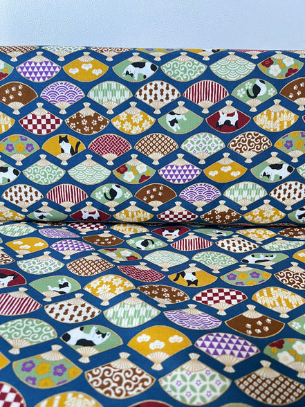 Black, White Cats, Fans on Dark Blue- Hachiware Romance- Cosmo- Japanese Printed Cotton Sheeting- AP45903 1B- 44"