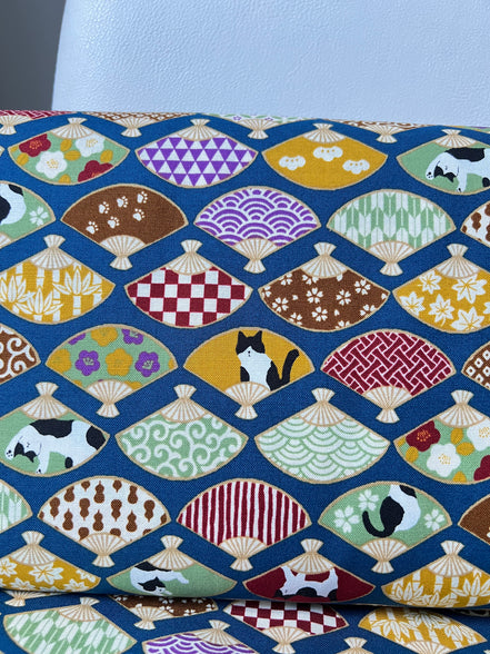 Black, White Cats, Fans on Dark Blue- Hachiware Romance- Cosmo- Japanese Printed Cotton Sheeting- AP45903 1B- 44"