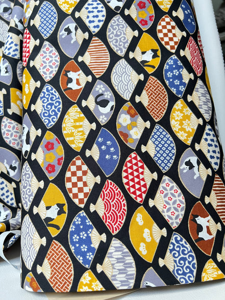 Black, White Cats, Fans on Black- Hachiware Romance- Cosmo- Japanese Printed Cotton Sheeting- AP45903 1B- 44"