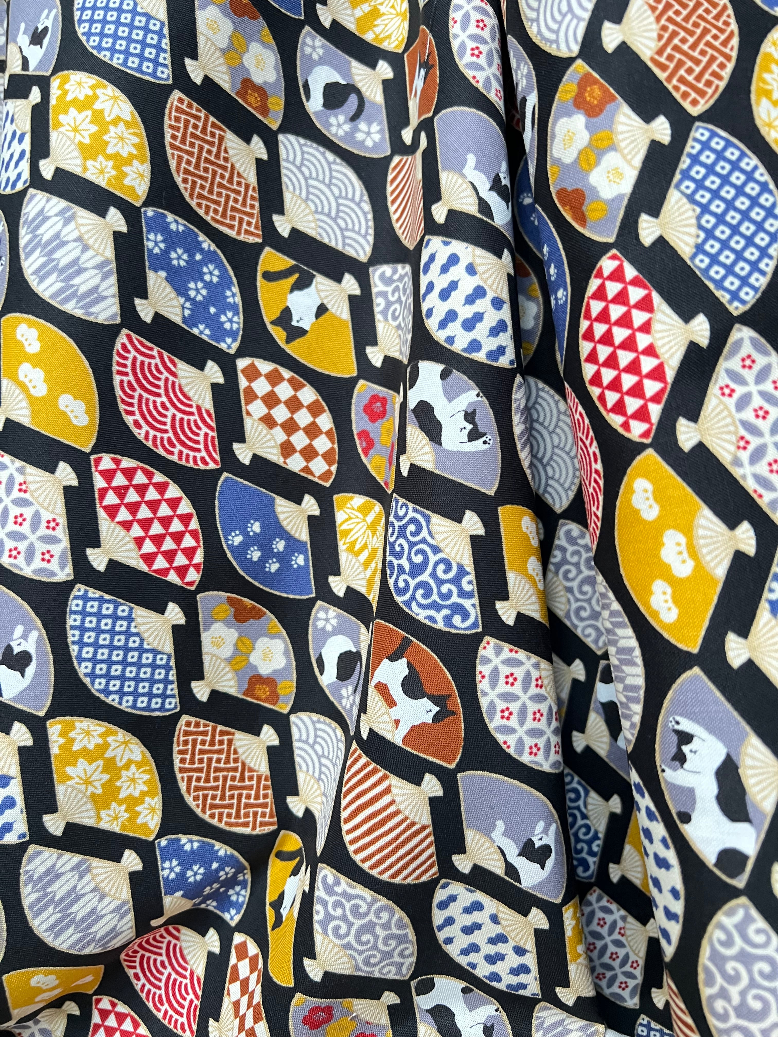 Black, White Cats, Fans on Black- Hachiware Romance- Cosmo- Japanese Printed Cotton Sheeting- AP45903 1B- 44
