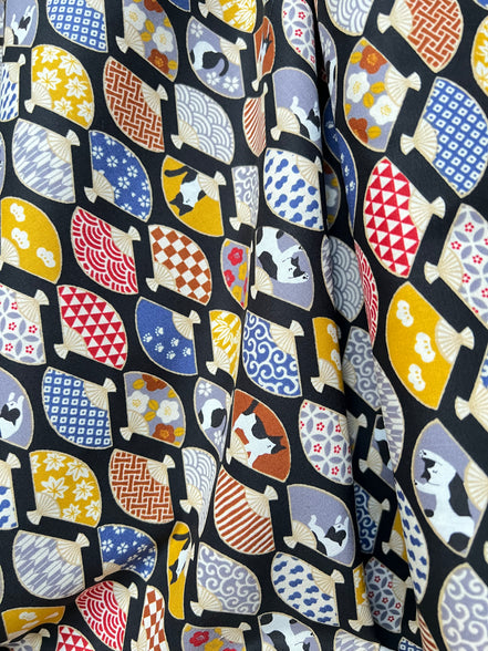 Black, White Cats, Fans on Black- Hachiware Romance- Cosmo- Japanese Printed Cotton Sheeting- AP45903 1B- 44"