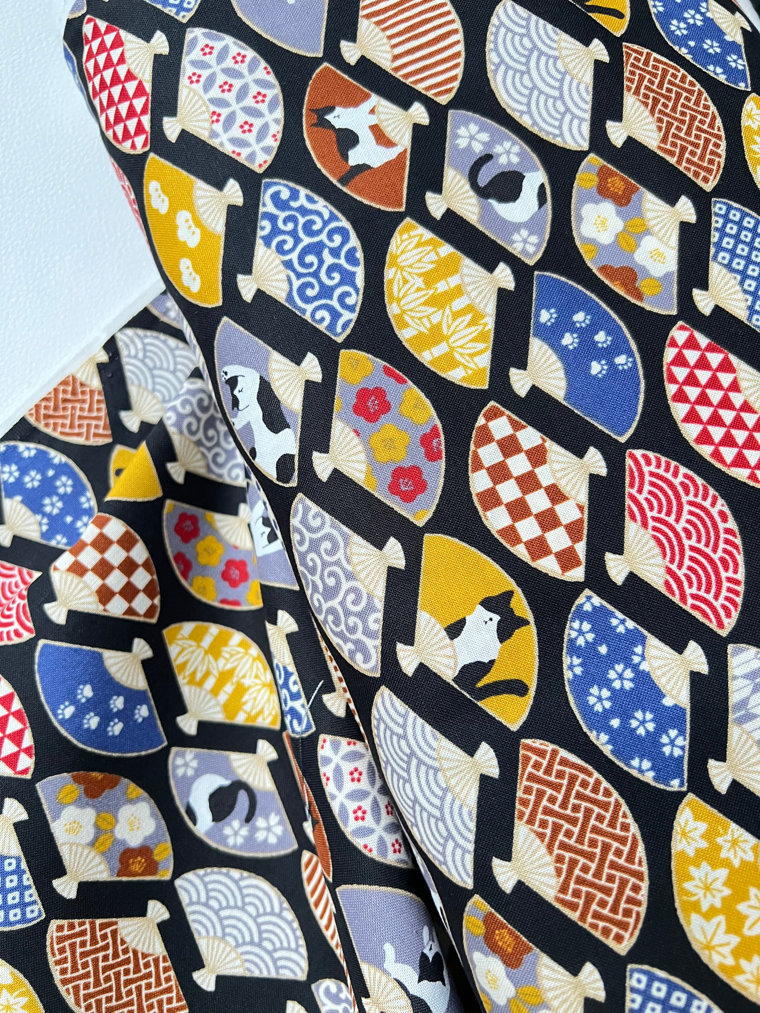 Black, White Cats, Fans on Black- Hachiware Romance- Cosmo- Japanese Printed Cotton Sheeting- AP45903 1B- 44