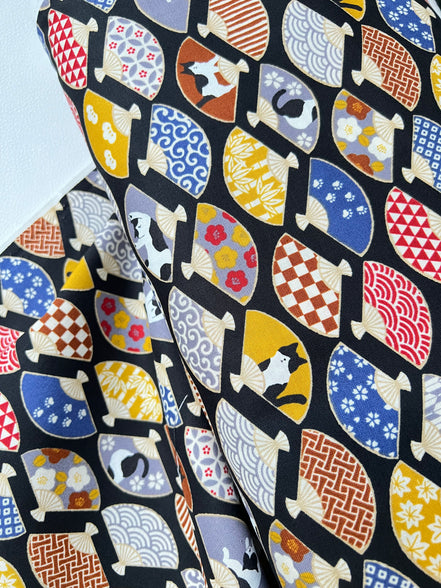 Black, White Cats, Fans on Black- Hachiware Romance- Cosmo- Japanese Printed Cotton Sheeting- AP45903 1B- 44"