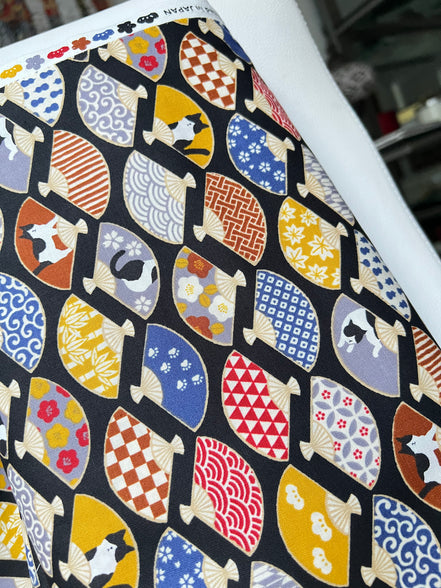 Black, White Cats, Fans on Black- Hachiware Romance- Cosmo- Japanese Printed Cotton Sheeting- AP45903 1B- 44"