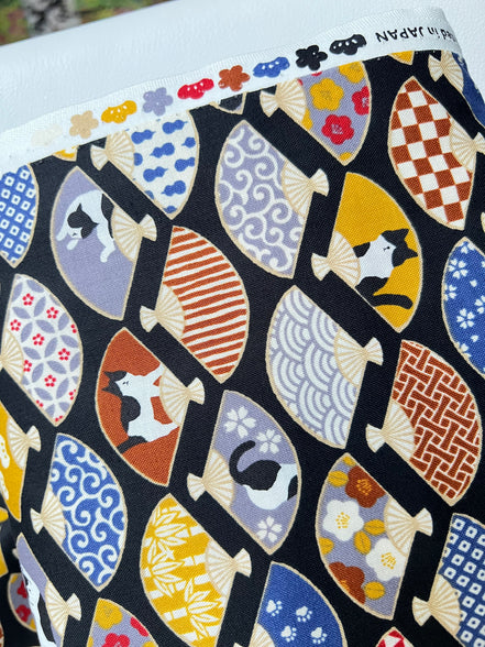 Black, White Cats, Fans on Black- Hachiware Romance- Cosmo- Japanese Printed Cotton Sheeting- AP45903 1B- 44"