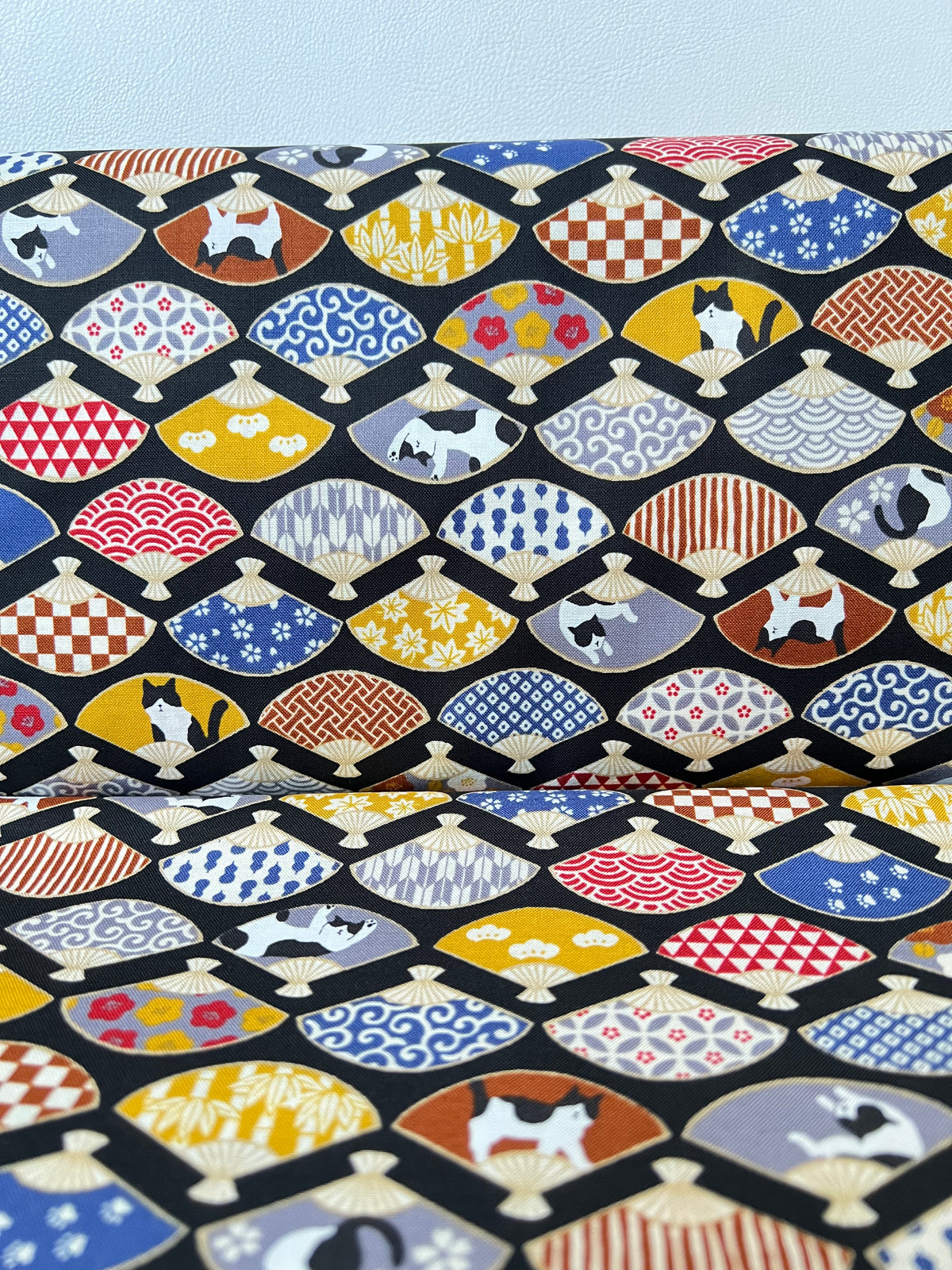 Black, White Cats, Fans on Black- Hachiware Romance- Cosmo- Japanese Printed Cotton Sheeting- AP45903 1B- 44