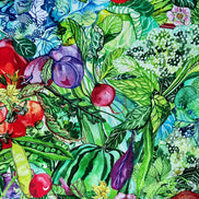 Garden, Food- Red, Green- Print Cotton Fabric- “Chef’s Table- Veggie”- 44” Wide