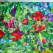 Garden, Food- Red, Green- Print Cotton Fabric- “Chef’s Table- Veggie”- 44” Wide