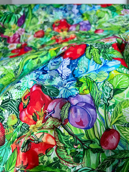 Garden, Food- Red, Green- Print Cotton Fabric- “Chef’s Table- Veggie”- 44” Wide