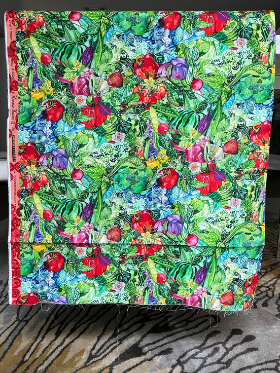 Garden, Food- Red, Green- Print Cotton Fabric- “Chef’s Table- Veggie”- 44” Wide